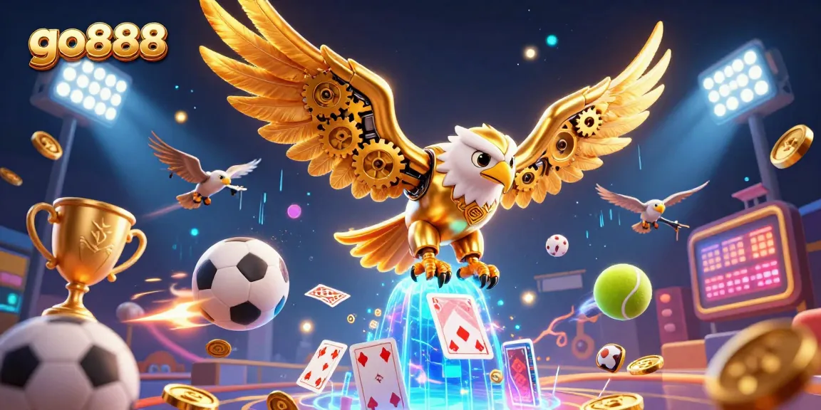 Join the thrilling action at go888 with our dynamic 3D casino illustration showcasing a golden eagle and immersive gaming elements.