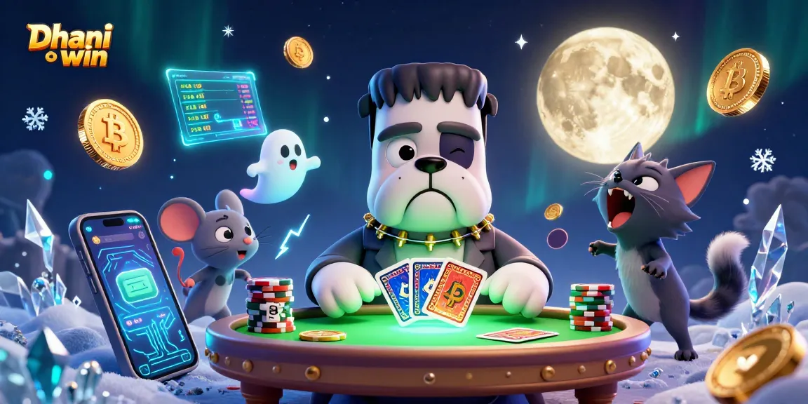 Dhani win brings excitement as unique characters deal cards at a gaming table, surrounded by vibrant crypto elements.