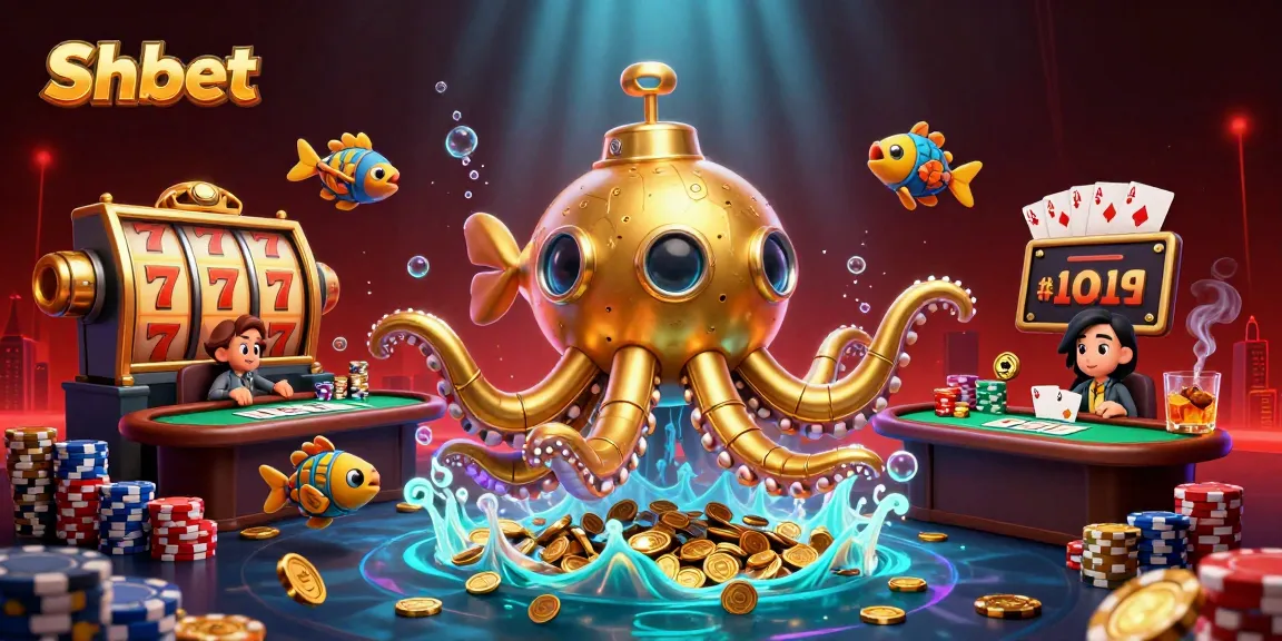 Experience thrilling Shbet action with a golden kraken submarine amidst vibrant casino elements.