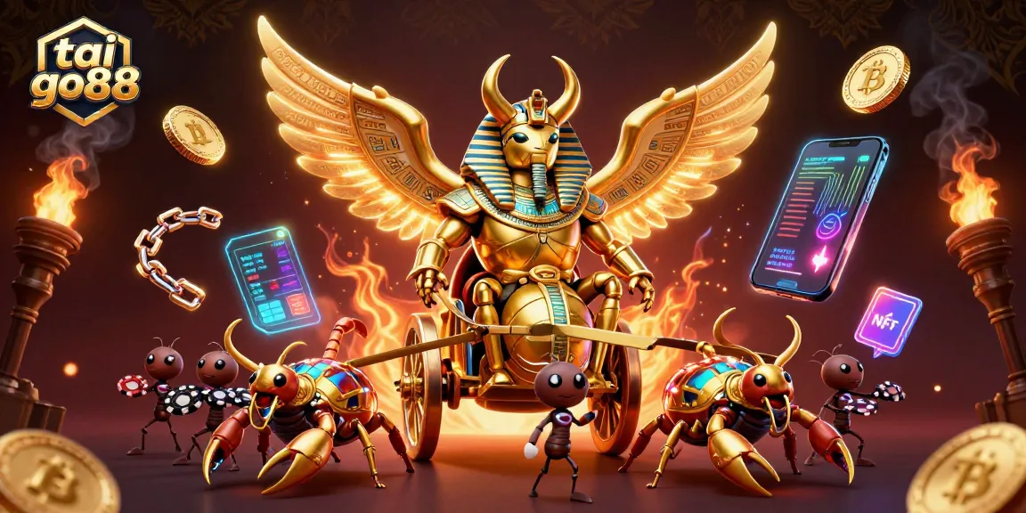 Engage in tai go88 with an illustrated adventure featuring golden scarabs and dynamic crypto elements.