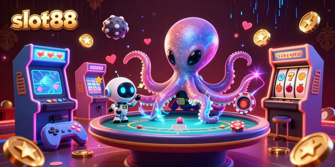 slot88 memutar gulungan slot dengan alien, robot, dan chip poker di latar glamor