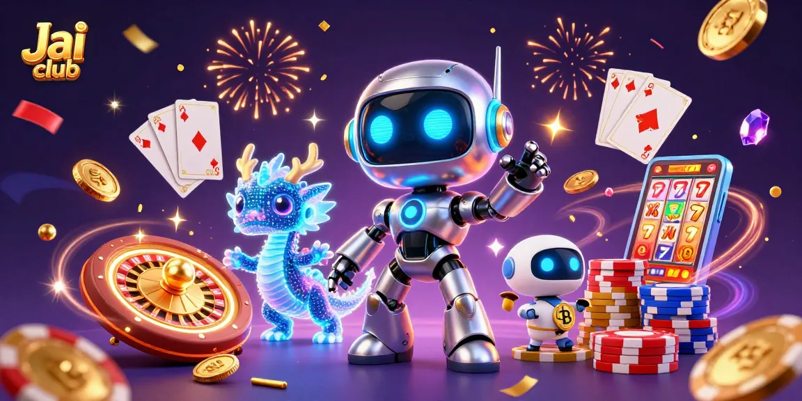 Immerse yourself in Jai club gaming with a vibrant 3D cartoon scene featuring robots, coins, and slot games.