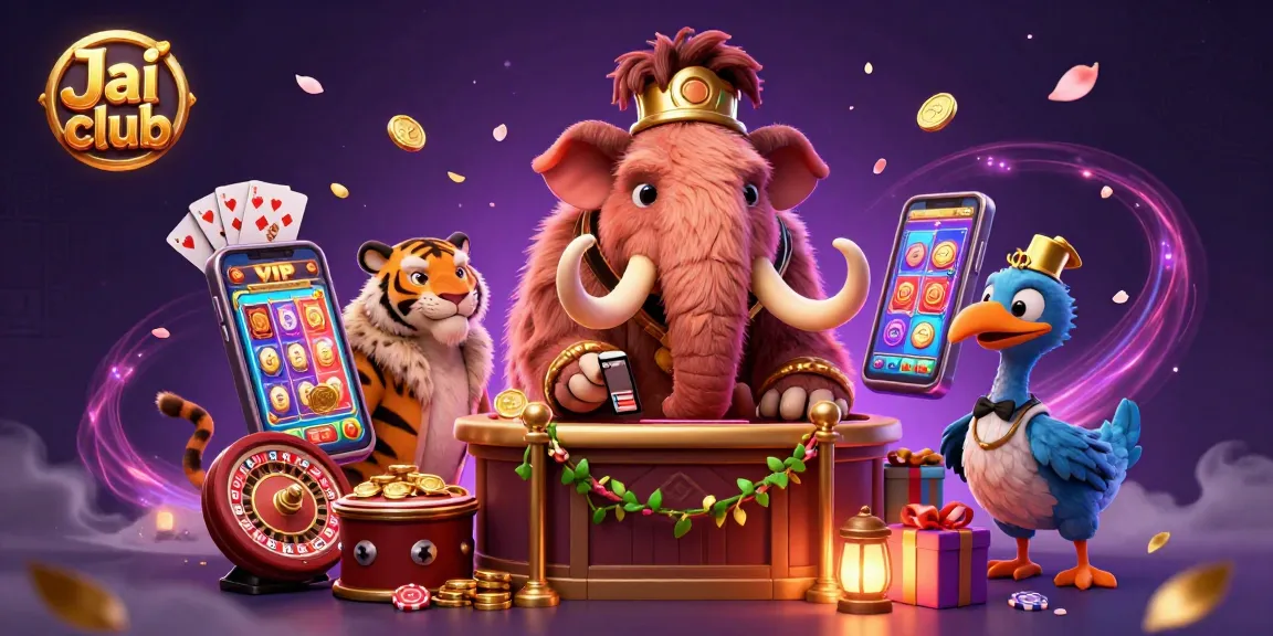Experience the thrill at Jai club with a dynamic scene of playful casino characters and games.
