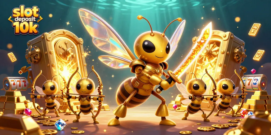 Experience the excitement of slot deposit 10k with dynamic cartoon characters amidst gold and jewels in a casino-themed illustration.