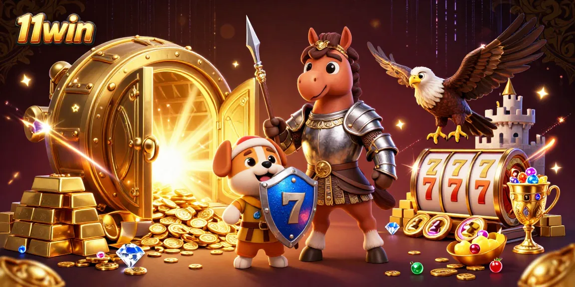 11win features a knight and squire puppy with treasures and slot symbols in a rich casino setting.
