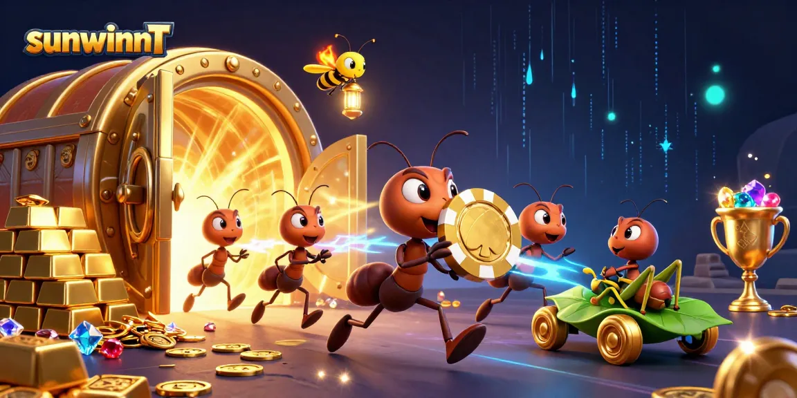 Experience the thrill of sunwinnt with ants heisting a massive poker chip in a vibrant casino scene.