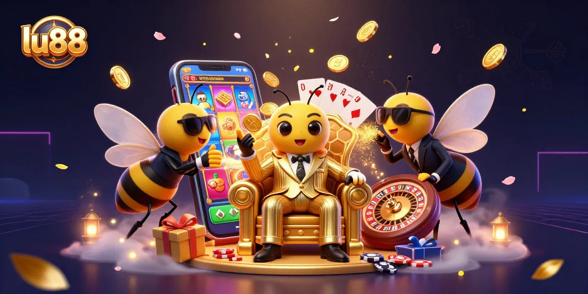 lu88 enriches the gaming experience as a bumblebee mob boss oversees vibrant slot action in a rich 3D scene