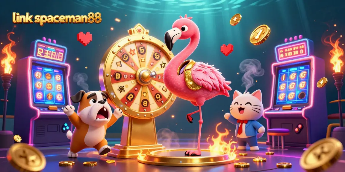 Spin the giant prize wheel at link spaceman88, featuring a flamingo host and bulldog contestant.