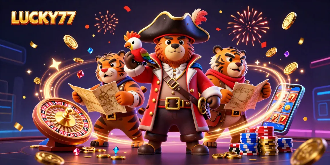 Spin to win with LUCKY77 as the pirate bear and tiger explore a vibrant casino adventure!
