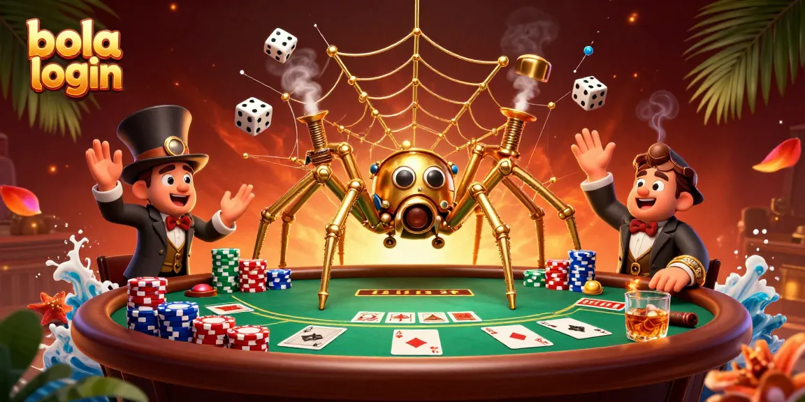 Bola login to engage with a vibrant, animated 3D casino scene featuring poker action and playful characters.