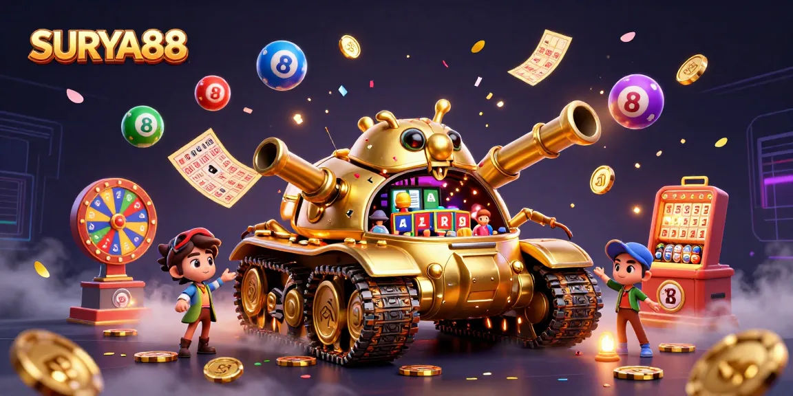 SURYA88 offers thrilling lottery and casino adventures with a dynamic 3D scene of a golden beetle tank and vibrant game elements.