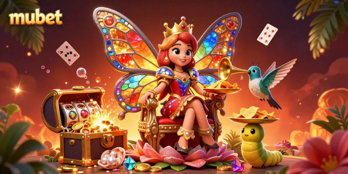 Experience the vibrant world of mubet with a butterfly queen and colorful casino elements.
