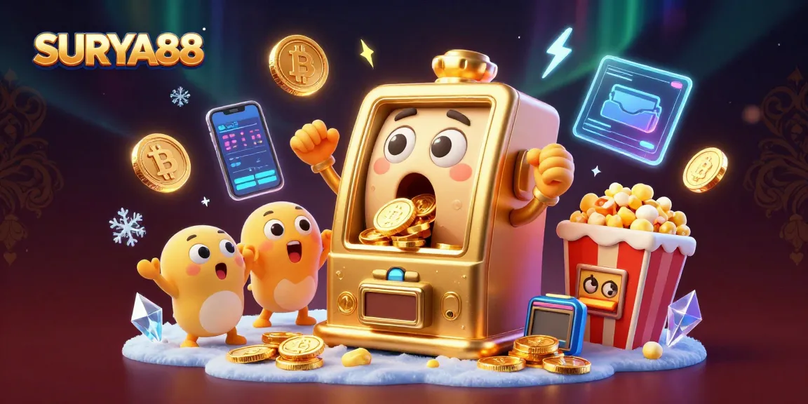 SURYA88 slot machine hitting the jackpot, surrounded by cryptocurrencies and festive elements, in a vibrant 3D scene.