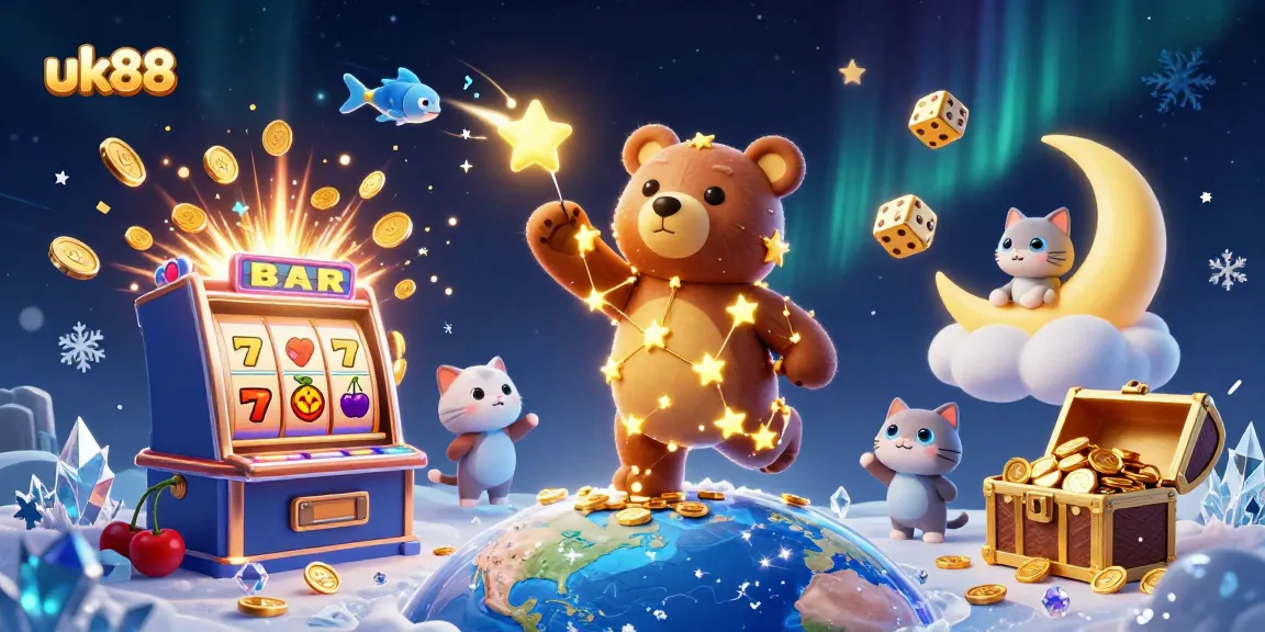 Spin the reels with uk88's constellation bear in a vibrant 3D casino jackpot scene.