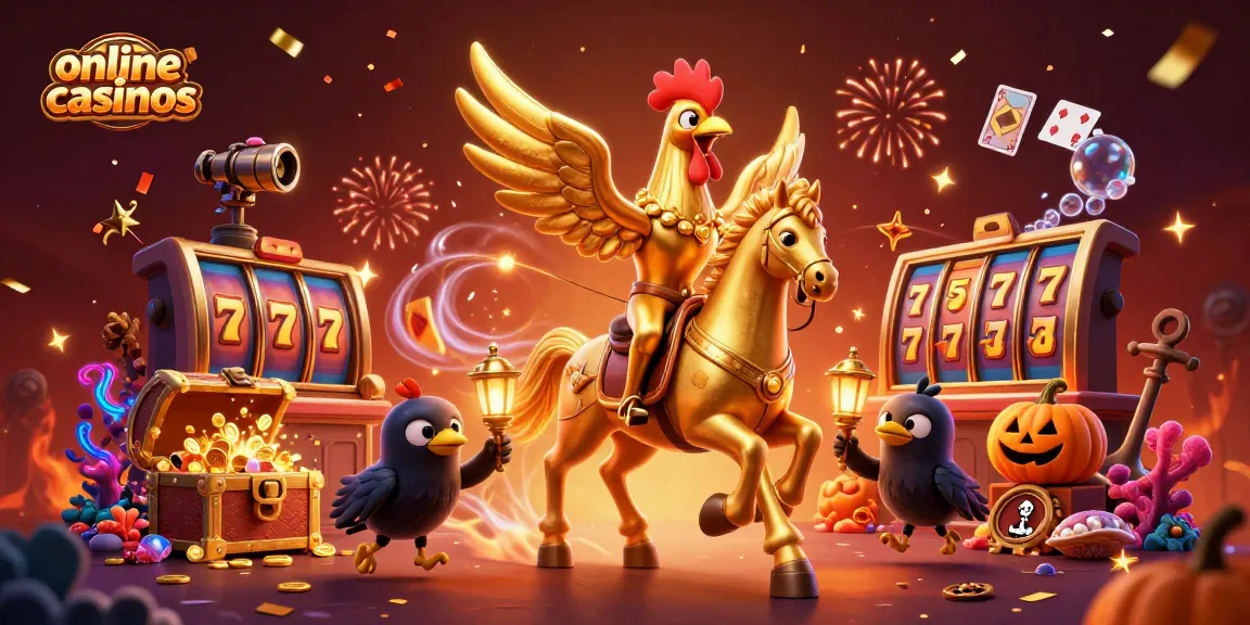 Experience thrilling wins at online casinos with a vibrant 3D casino scene featuring a golden rooster