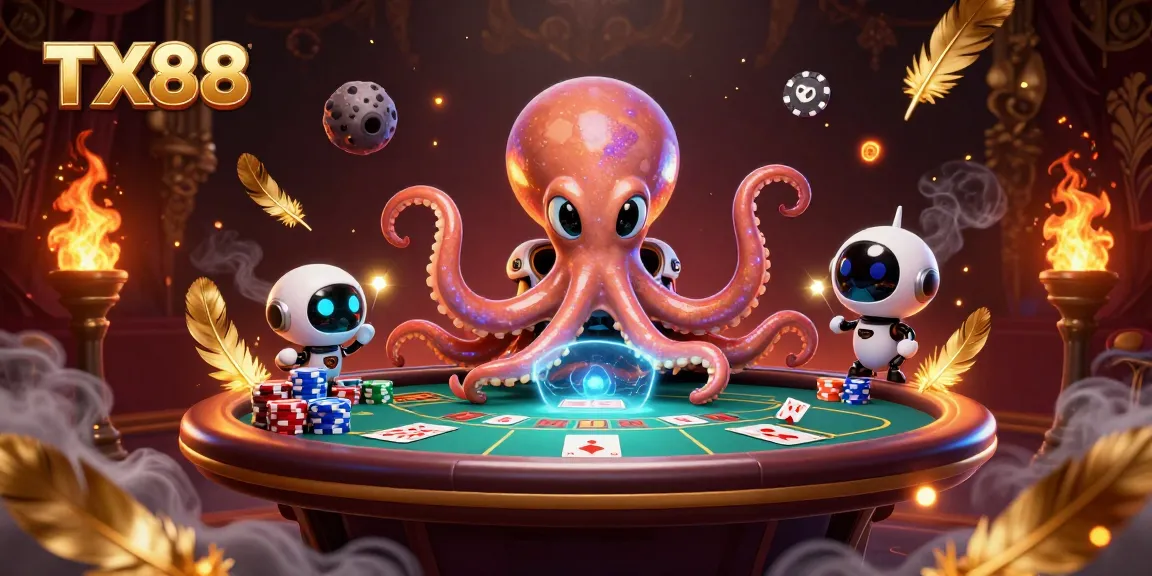 TX88 casino scene with a vibrant alien octopus at a holographic poker table.